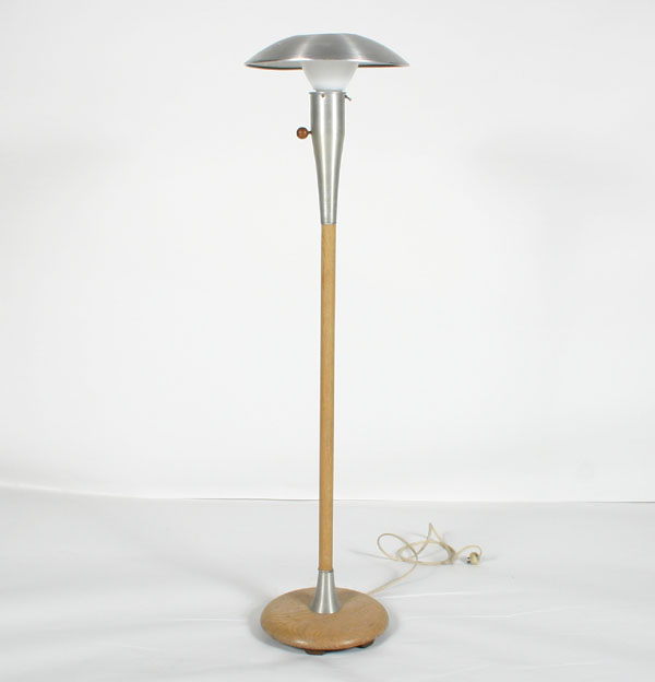 Appraisal: Russel Wright Spun Aluminum Oak Torchiere Lamp with Shade Tall