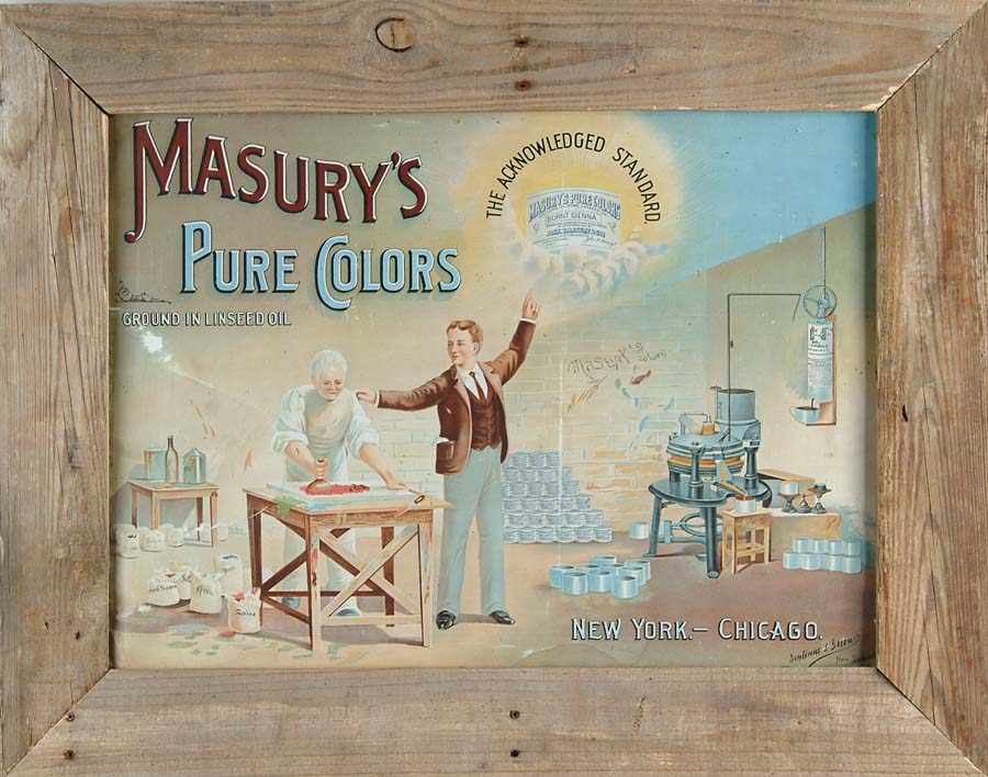 Appraisal: MASURY S PAINT TIN SIGN Illustration of pigment preparation and