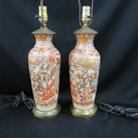 Appraisal: Pair of Japanese Satsuma Pottery Lamps scenes with samauri warriors