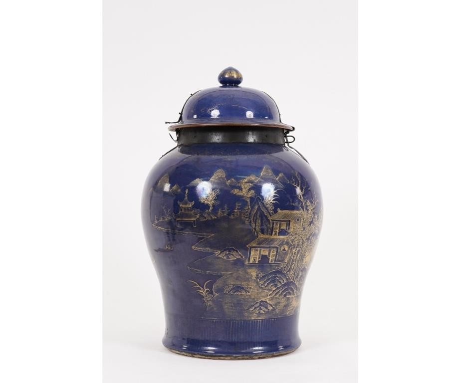 Appraisal: Large Chinese porcelain deep blue temple jar th c with