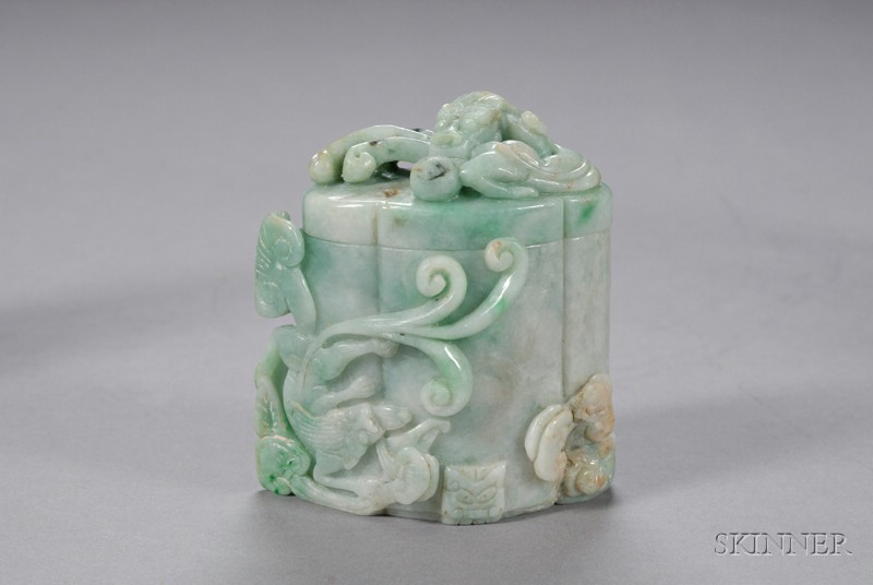 Appraisal: Jade Covered Box lavender-gray stone with apple green areas surface