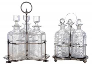 Appraisal: Two Silver one with three cut-glass bottle decanter set with