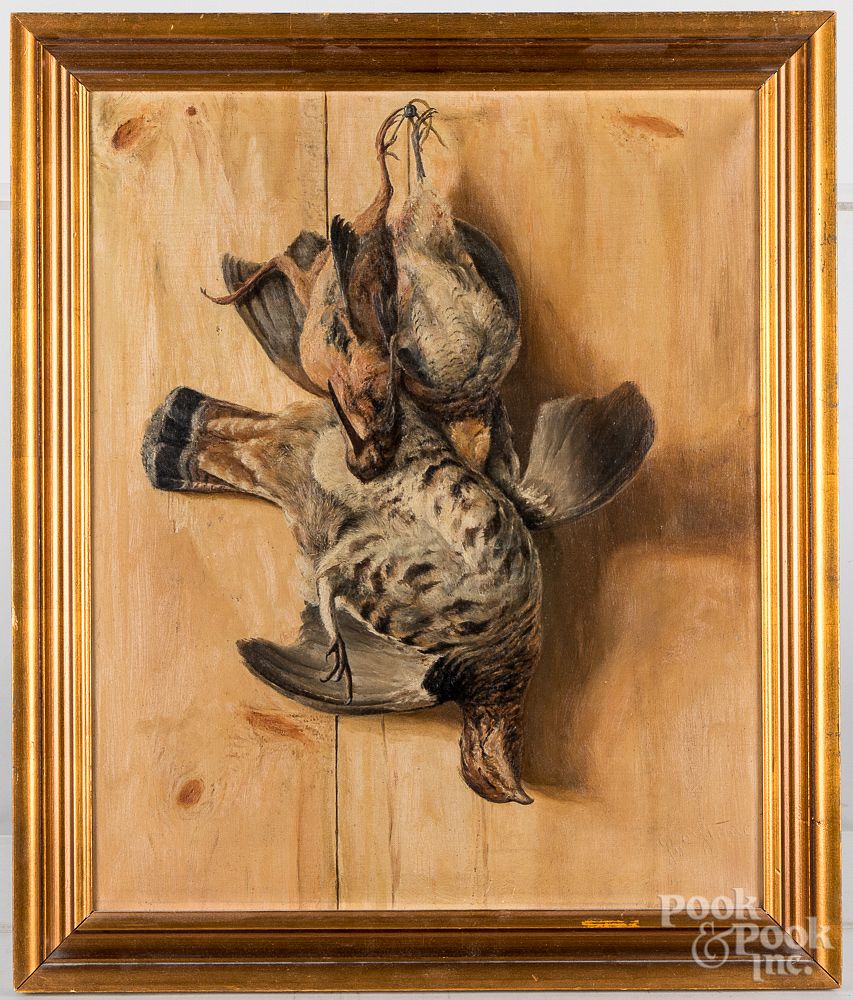 Appraisal: Pair of oil on canvas hanging game ca Pair of