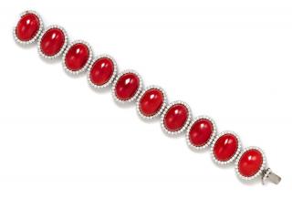 Appraisal: A White Gold Coral and Diamond Bracelet dwts A White