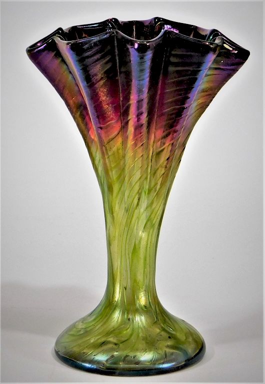 Appraisal: Bohemian Rindskopf Pepita Pleated Fan Glass Vase Czech Republic Early