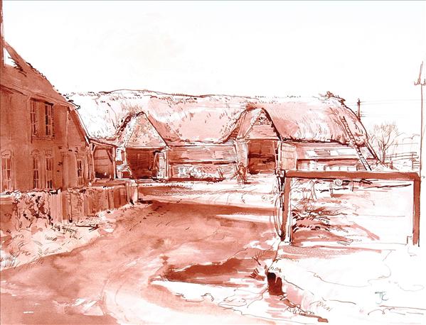 Appraisal: Tom Coates b Farm barns Ink and watercolour Signed with