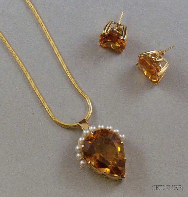 Appraisal: kt Gold and Citrine Pendant and Earrings Suite pendant suspended