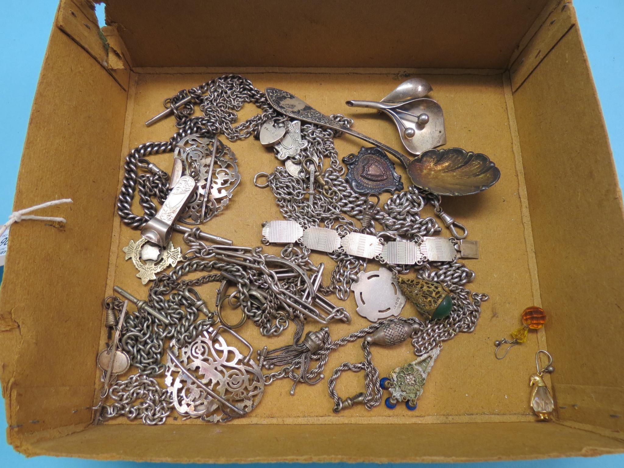 Appraisal: Various silver watch chains medallions link bracelet etc