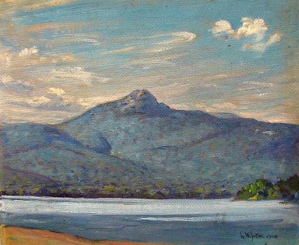 Appraisal: Rivers edge landscape against a mountainous back drop oil on