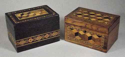 Appraisal: Two late Victorian Tunbridge ware rectangular tea caddies one in