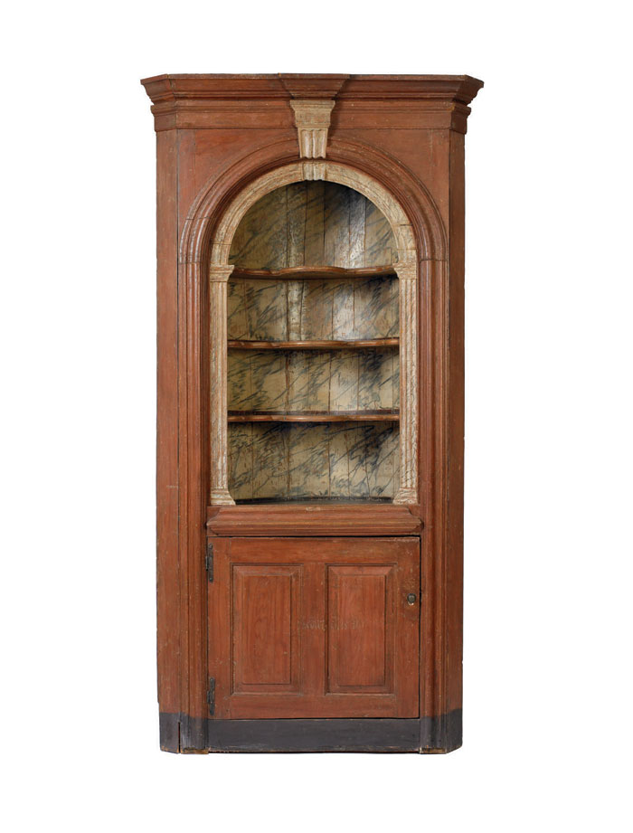 Appraisal: RARE EASTERN CONNECTICUT SHORE PAINTED AND DECORATED BARREL-BACK CORNER CUPBOARD