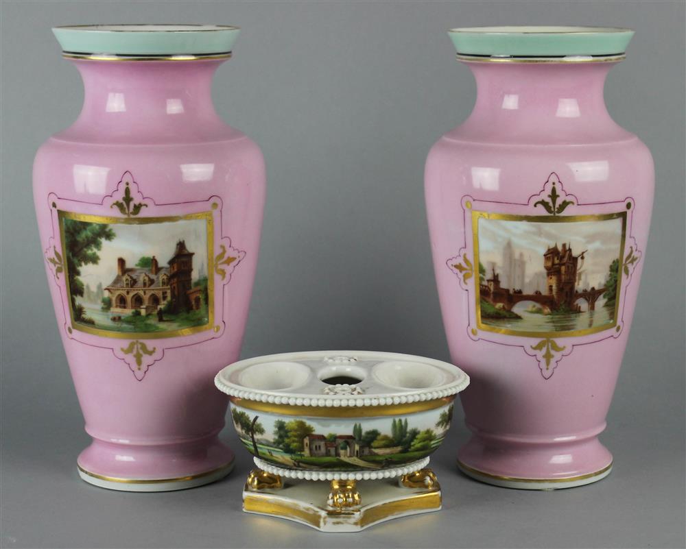 Appraisal: PAIR OF CONTINENTAL PINK GROUND PORCELAIN VASES AND AN INKSTAND