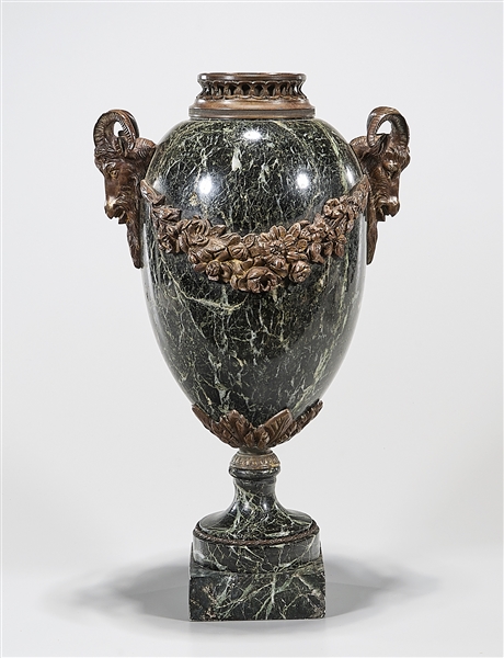 Appraisal: Heavily-veined black and green marble urn with gilded floral bands