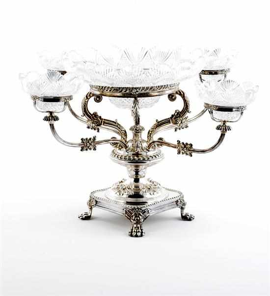 Appraisal: English silverplate and crystal epergne th century cut-crystal bowl supported