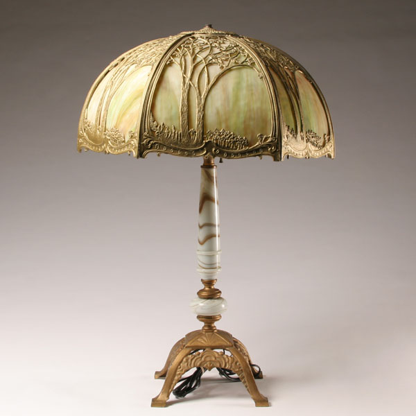 Appraisal: Six panel slag glass lamp slag base with embossed gilt