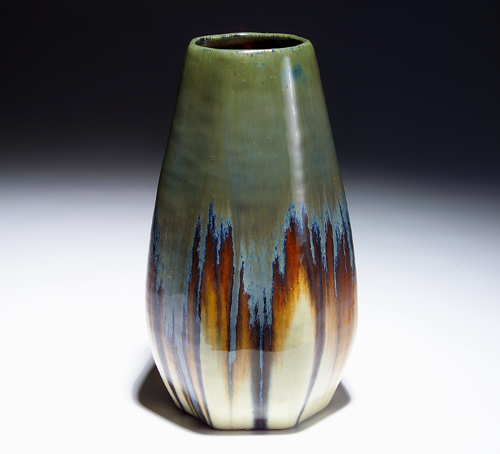 Appraisal: FULPER Faceted vase covered in mottled green and blue flambe