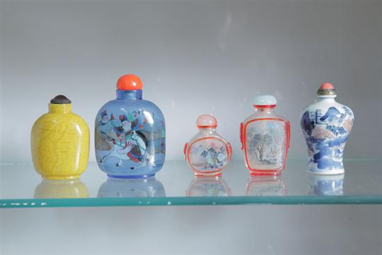 Appraisal: FIVE SNUFF BOTTLES Three reverse painted glass snuff bottles Two