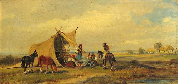 Appraisal: P Jnkay A Gypsy encampment and a companion painting a