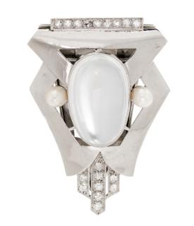 Appraisal: An Art Deco Platinum White Gold Moonstone Diamond and Cultured