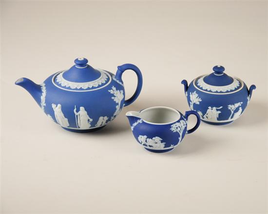 Appraisal: A Wedgwood Jasperware Tea Service in cobalt blue with white