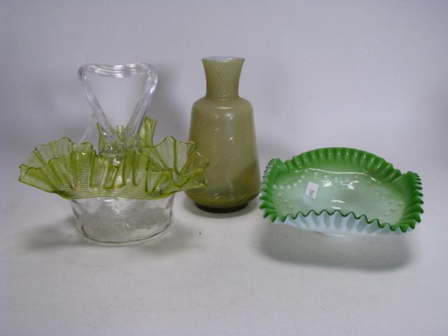 Appraisal: Three items Victorian style art glass including a handled basket