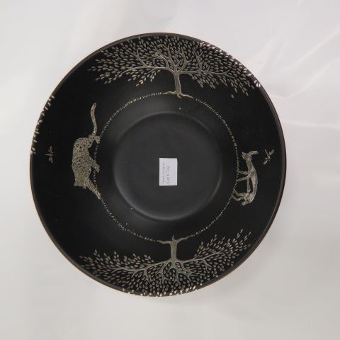 Appraisal: Emilia Castillo Sterling Pottery Bowl wildlife dragonflies trees on black