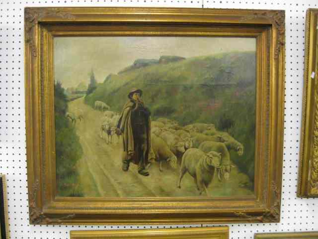 Appraisal: Richard Hines Oil on Canvas shepherd with his flock along