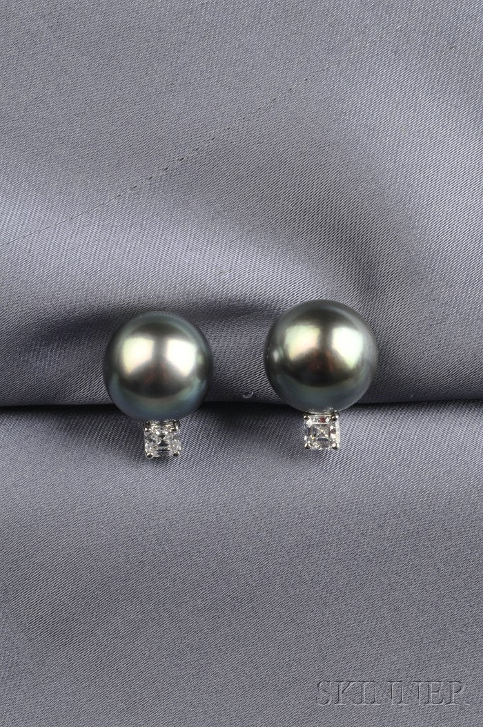 Appraisal: Platinum Tahitian Pearl and Diamond Earclips Cartier each set with