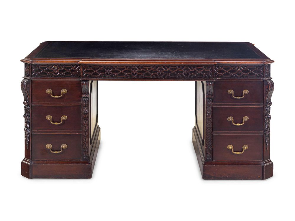 Appraisal: A Chinese Chippendale Style Mahogany Partners Desk A Chinese Chippendale