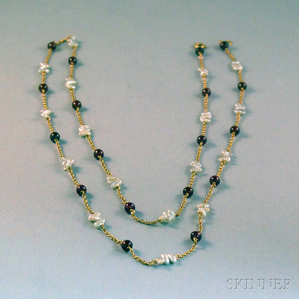 Appraisal: kt Gold Garnet Bead and Freshwater Pearl Necklace lg in