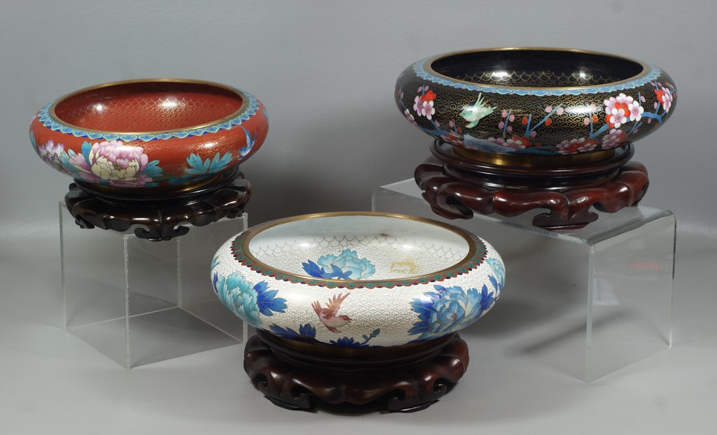 Appraisal: Chinese Cloisonn Bowls with wooden stands largest approx diameter