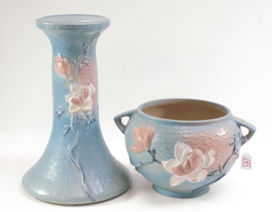 Appraisal: TWO ROSEVILLE ART POTTERY VASES with blue glazes in the