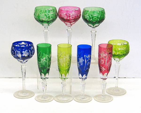 Appraisal: A Harlequin suite of German engraved colored glass stemware third