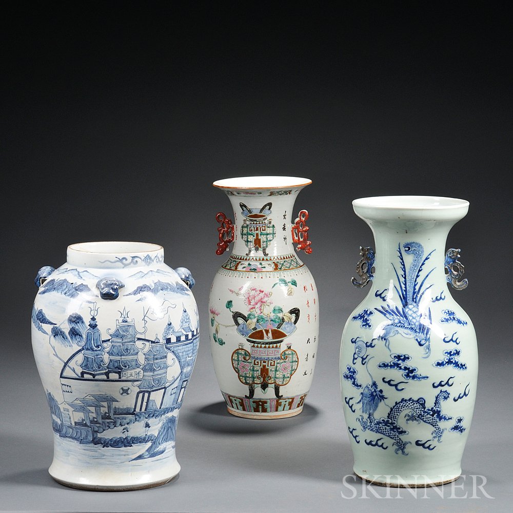 Appraisal: Three Ceramic Items a celadon-glazed baluster-shape vase decorated with dragon