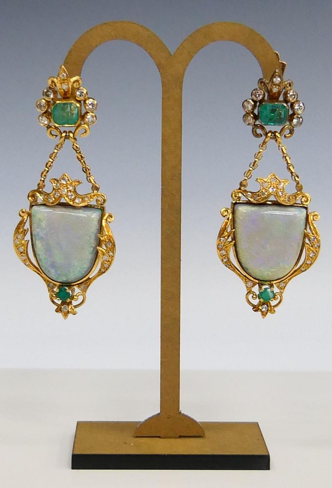 Appraisal: PAIR OF KT Y GOLD EMERALD OPAL DIAMOND EARRINGS Property