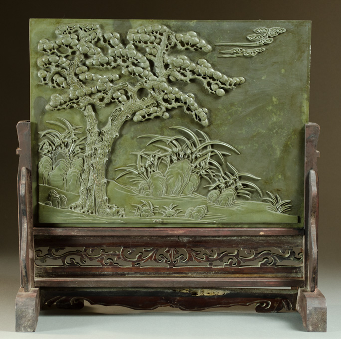 Appraisal: CHINESE DUAN STONE SCHOLAR'S TABLE SCREEN the rectangular plaque carved