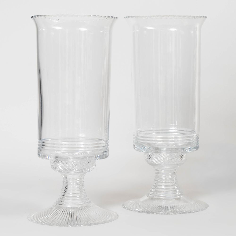 Appraisal: Pair of William Yeoward Glass Photophores on Stands Acid stamp