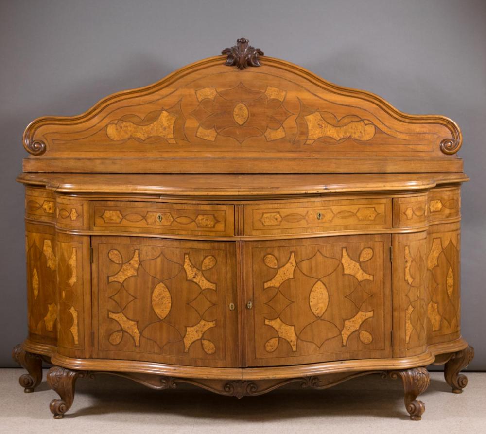 Appraisal: CARVED AND INLAID SERPENTINE-FRONT SIDEBOARD German early th century H