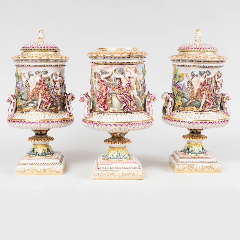 Appraisal: Set of Three Large Capodimonte Porcelain Urns and Two Covers