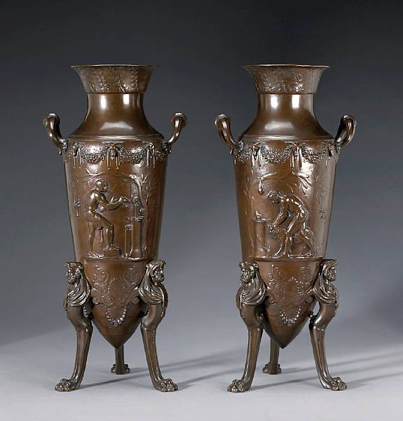 Appraisal: A rare pair of Greek Revival patinated bronze vases after