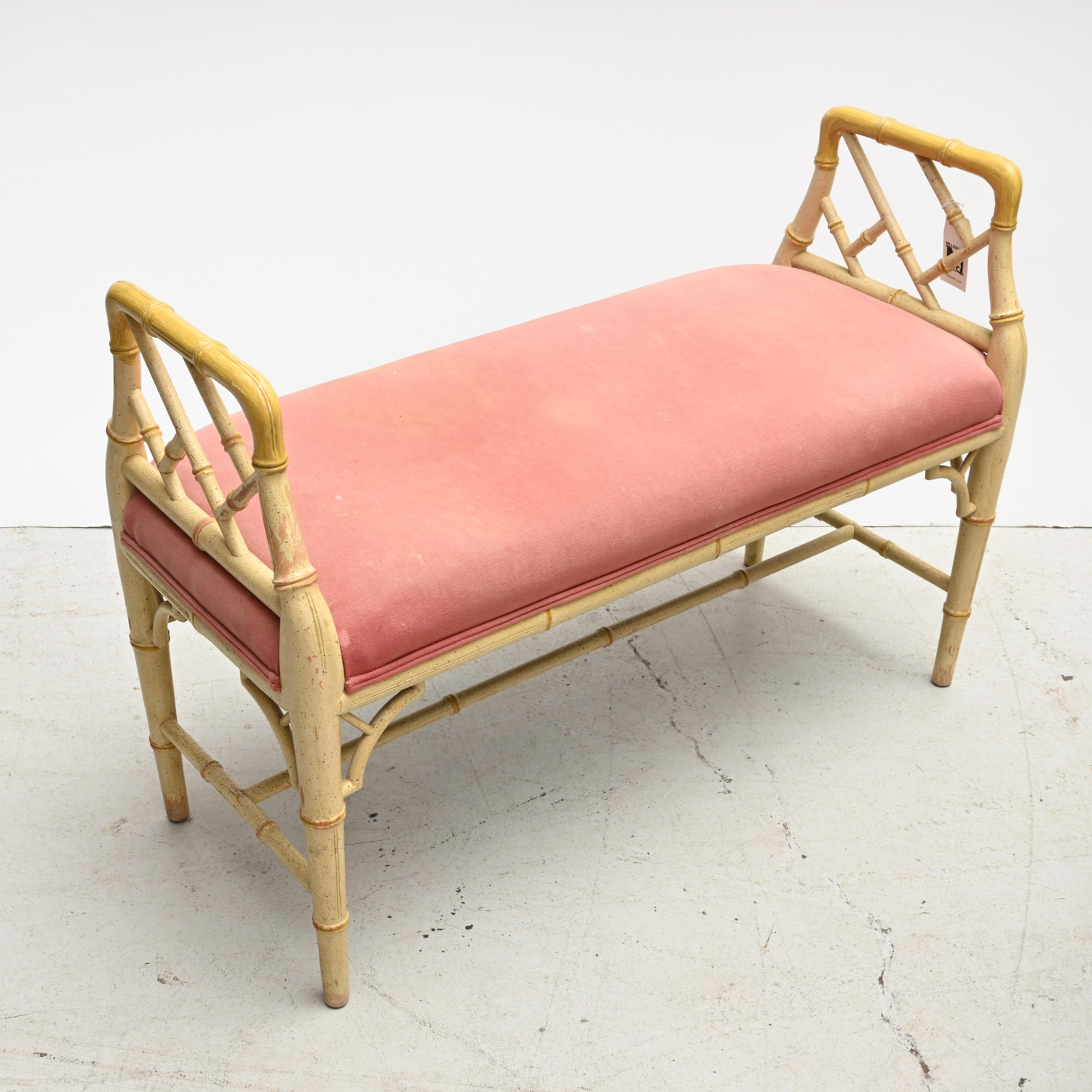 Appraisal: DESIGNER FAUX BAMBOO UPHOLSTERED BENCH th c cream and yellow