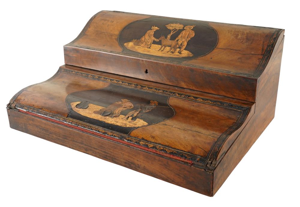 Appraisal: BURLWOOD MARQUETRY LAP DESKthe serpentine top with two hinged lids