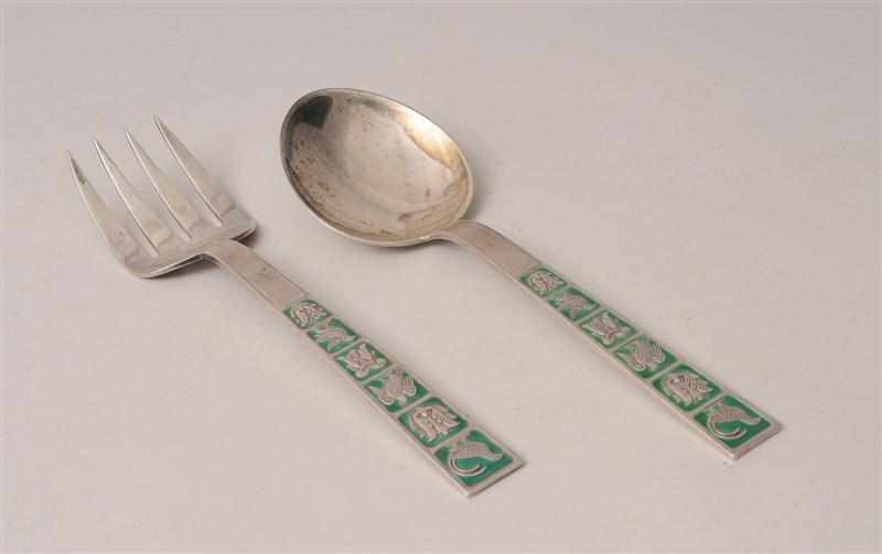 Appraisal: DAVID ANDERSON STERLING SILVER AND GREEN ENAMEL SALAD SERVING SPOON