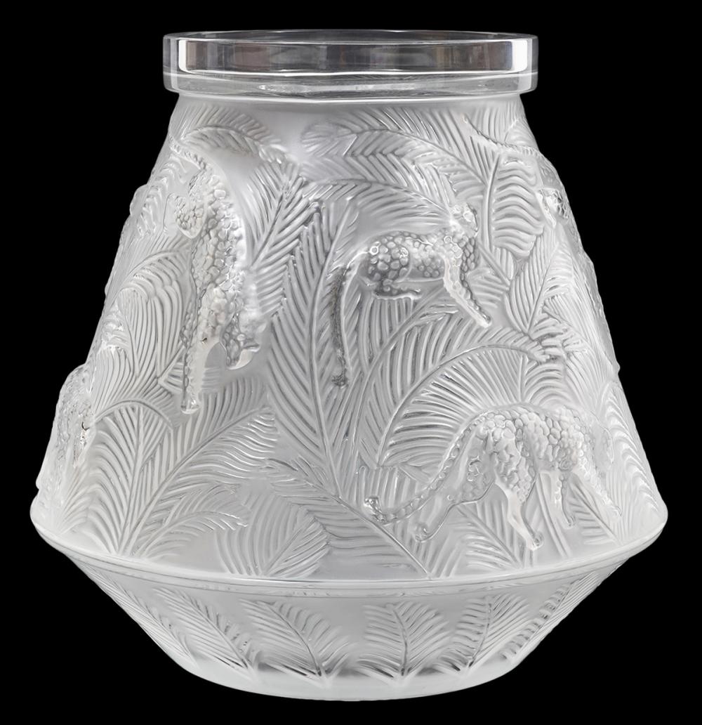 Appraisal: LALIQUE 'JAGUAR' CLEAR FROSTED ANGULAR VASELalique clear and frosted angular