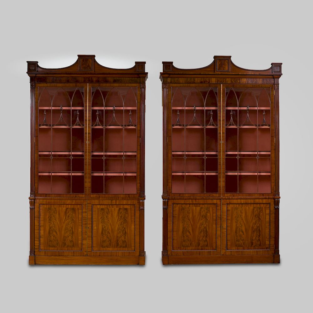 Appraisal: Near Pair of Regency Figured Mahogany Bookcases possibly Irish by