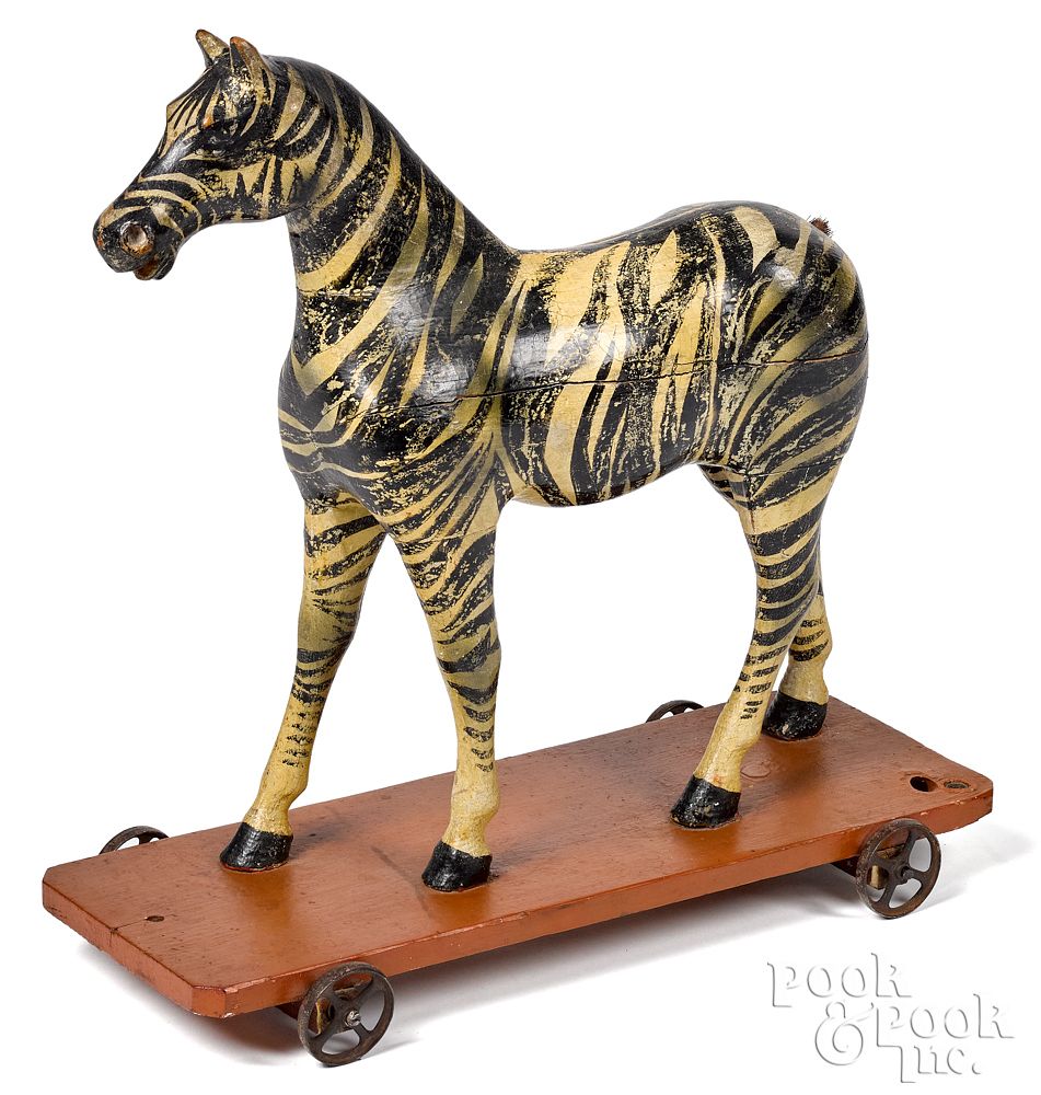 Appraisal: Painted zebra pull toy late th c Painted zebra pull