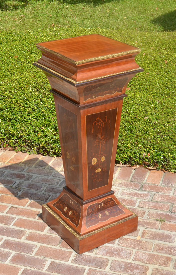 Appraisal: FLORAL MARQUETRY INLAID PEDESTAL PLANT STAND Square top with gold