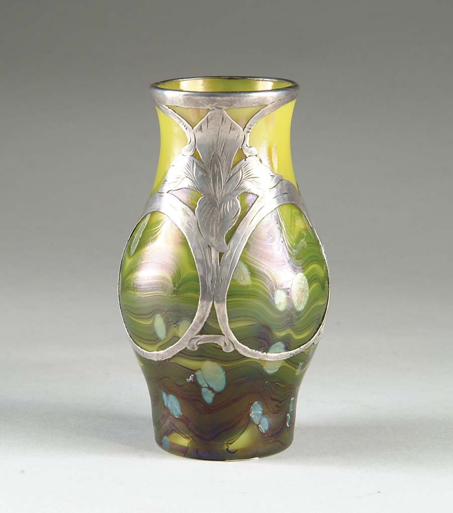 Appraisal: LOETZ SILVER OVERLAY VASE Vase begins with a yellow background