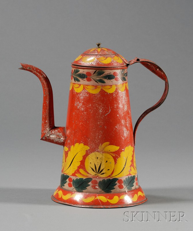 Appraisal: Paint-Decorated Red Tinware Coffeepot America early th century lighthouse form