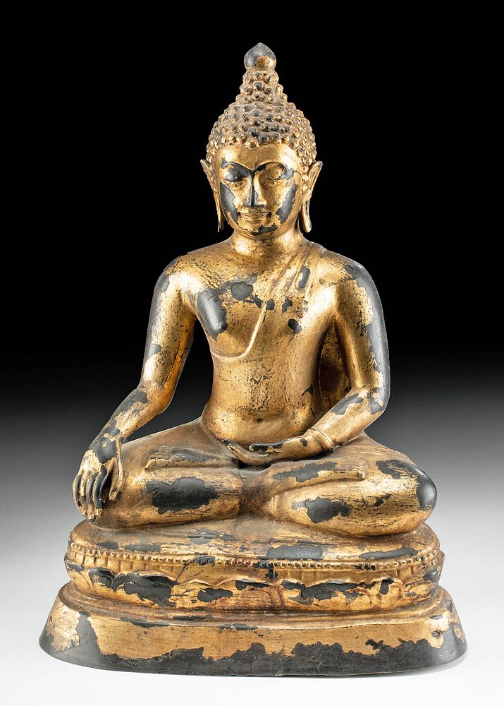 Appraisal: th C Thai Gilded Brass Seated Buddha ex-Museum Southeast Asia